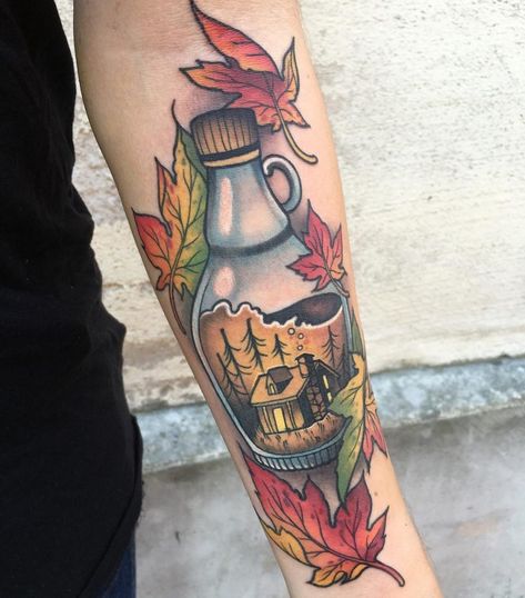 Neo traditional maple syrup bottle tattoo on the left inner forearm Sweden Tattoo, Leaf Tattoo Ideas, 28 Tattoo, Maple Leaf Tattoos, Places To Get Tattoos, Autumn Tattoo, Leaf Tattoo, Sunset Tattoos, Traditional Style Tattoo