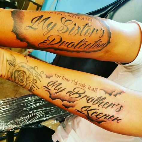 My Brothers Keeper My Sisters Protector, I Am My Sisters Keeper Tattoo, Show No Love Tattoo, My Sisters Protector Tattoo, Sisters Keeper Tattoo, My Siblings Keeper Tattoo, Tattoo That Symbolizes Family, My Sisters Keeper Tattoo, My Brothers Keeper Tattoo Ideas