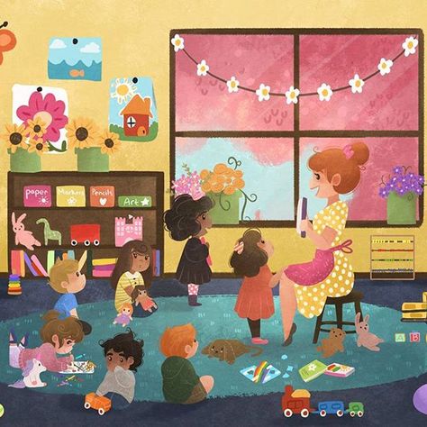 Pinch to zoom! 🙂 This daycare piece took a very long time to put together, but I am glad it is done 😊 so much fun using a ton of bright colors 💗🌹🌻 #digitalart #illustration #characterdesign #art #art_helpers #artistofinstagram #artwork_fever #childrensbook #kidlit #photoshop #childrensliterature #spring #landscape #conceptart #speedpaint #daycare Teachers Illustration, Book Illustration Layout, School Illustration, 동화 삽화, Picture Books Illustration, Childrens Books Illustrations, Book Day, Book Illustration Art, Illustration Art Drawing