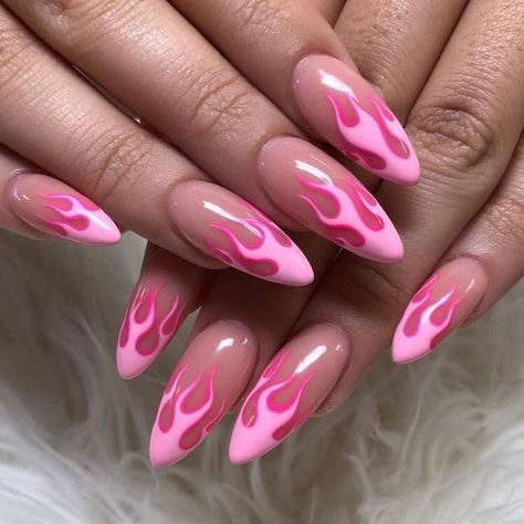 Halloween Nails Almond Shape, Indie Nails, Neon Nail Art Designs, Pink Flames, Nail Black, Flame Nail Art, Neon Pink Nails, Neon Nail Art, Neon Nail Designs