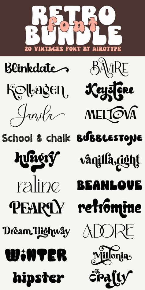 Vintage Fonts Alphabet Retro, Cute Bubble Font, Retro Canva Fonts, Retro Cursive Font, Fonts For Posters, Retro Font Alphabet, Bubbly Fonts, Type Of Fonts, Illustrator Fonts