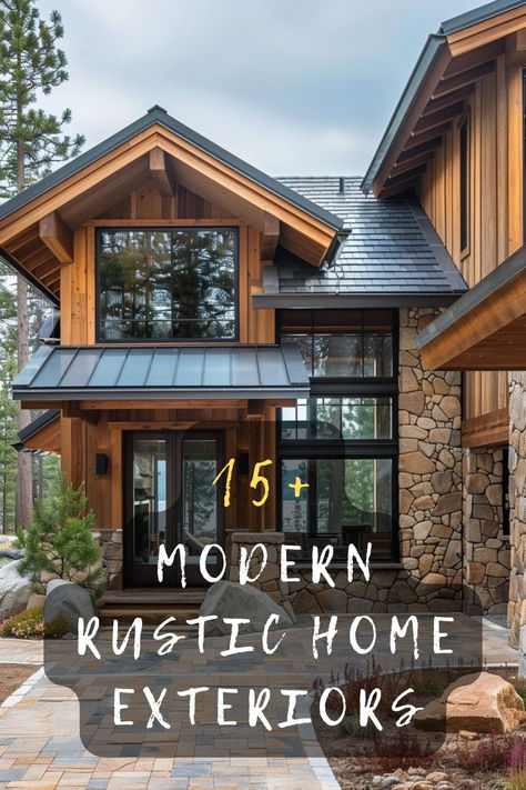 Looking to elevate your home's exterior? Discover these 15 modern rustic home exterior designs that perfectly blend contemporary style with rustic charm. Click to see how you can transform your home! 🌲🏡 #HomeDesign #RusticExterior #ModernRustic #HomeInspiration #ExteriorDesign Modern Mountain Home Exterior Decks, House Exterior Mixed Materials, Rustic Elegant House Exterior, Modern Home Exteriors Contemporary, Modern Mountain Home Front Door, Rustic Home Design Ideas, Cedar And Black House, Light Wood Siding Exterior, Multi Material House Exterior