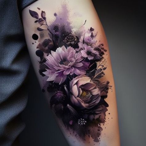 114 Purple Flower Tattoo Ideas - TattooClue.com Flower Tattoo With Black Background, Peony And Lilac Tattoo, Purple And Teal Tattoo, Moody Floral Tattoo, Greywash Tattoo Ideas, Dahlia Tattoo Color, Tattoo Ideas Inside Arm, Cover Up Floral Tattoo, Cover Up Flower Tattoos For Women