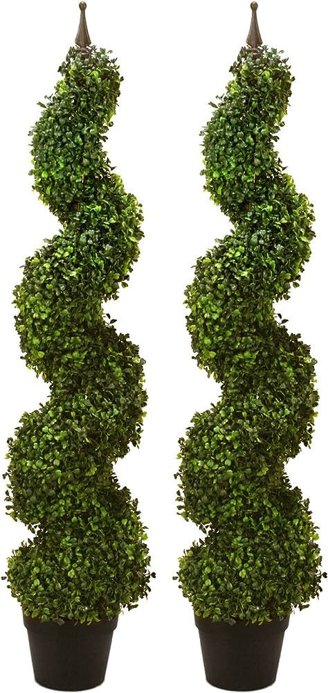 Amazon.com - Two Pre-Potted 47" Artificial Outdoor Indoor Spiral Boxwood Artificial Topiary Trees. in Plastic Pot Faux Plants Decor, Porch Trees, Boxwood Tree, Outdoor Topiary, Spiral Tree, Artificial Topiary, Boxwood Topiary, Artificial Boxwood, Topiary Trees