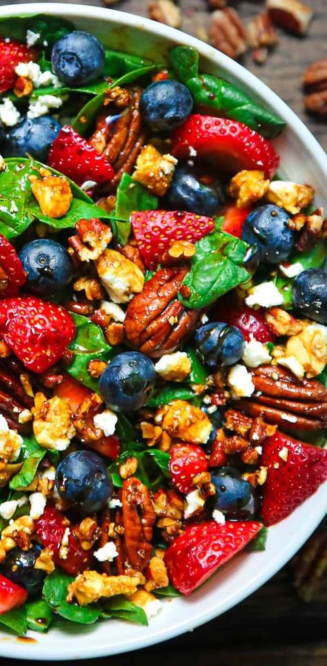 Strawberry Spinach Salad with Blueberries, Pecans, and Feta Cheese Dressing For Spinach Salad, Tailgate Treats, Balsamic Dressing Recipe, Strawberry Spinach Salad, Salad With Balsamic Dressing, Thanksgiving Salad, Blueberry Salad, Salads For A Crowd, Spinach Salad Recipes