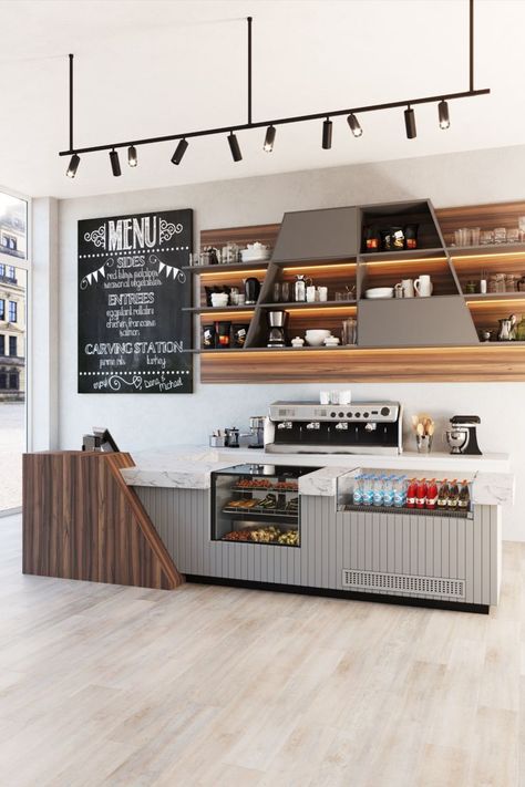 Self Service Restaurant Design Ideas, Cafe Coffee Counter Design, Self Service Coffee Shop, Cafe Service Counter, Service Counter Design Restaurants, Coffee Shop Display Counter, Cafe Reception Design, Counter Cafe Design, Cafe Counter Display