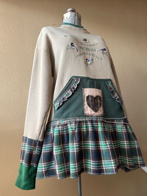 Upcycled Vintage Granny Sweatshirt Tunic Bird Applique Plaid Flannel Ruffled Medium to Large - Etsy Sweatshirt Dress Diy, Sweatshirt Refashion Remake, Ropa Upcycling, Shirt Makeover, Sweatshirt Makeover, Sweatshirt Refashion, Etsy Clothes, Denim Crafts Diy, Upcycled Dress