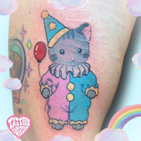 Clown Cat Tattoo, Calico Critters Tattoo, Calico Tattoo, Calico Critter Tattoo, Calico Critters Cat, Critter Tattoo, Cat Clown, Adorable Tattoos, Rainbow Tattoos