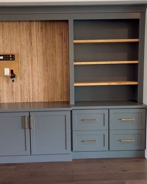 Built In Cabinets Living Room Modern, Living Room With Built In Entertainment, Toy Room Built In Storage, Basement Niche Ideas, Built In Cabinet Bookshelf, Credenza Built In, Built In Shelf Remodel, Built In Shelving Around Tv, Dark Green Entertainment Center