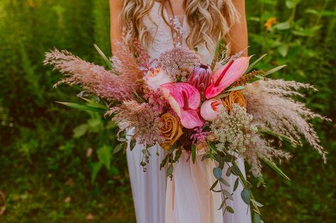 Rad Magenta Maids at this Colorful Boho Wedding in Cedar Rapids - Green Wedding Shoes Tropical Bridal Bouquet Bright Colors, Confetti Send Off, Colorful Boho Wedding, Boho Ceremony, Tropical Bouquet, Bridesmaids Jumpsuits, Pink Neon Sign, Bouquet Photo, Boho Tropical