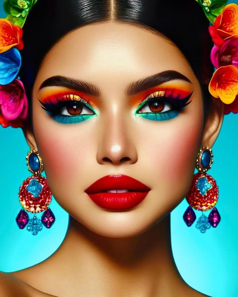 Salomé Castro | “Modern Mexicana Series.” Connecting with my roots, always brings me back to a peaceful place. I hope it brings you peace too. 🎨 🌺🌞… | Instagram Frida Kahlo Makeup Halloween, Frida Makeup, Mexican Makeup Look, Frida Kahlo Makeup, Fiesta Costume, Mexican Makeup, Colorful Photoshoot, Mexico Aesthetic, Pop Makeup