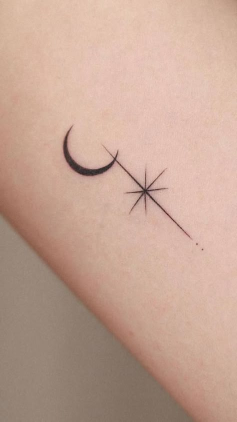 Minimalist Celestial Tattoo Ideas, Moon Star Tattoo Designs, Moon And Arrow Tattoo, Tiny Fine Line Tattoo Ideas, Nape Tattoo Women Minimalist, Birthday Tattoos For Women, Cosmic Tattoo Ideas, Cosmic Tattoos, Eclipse Tattoo