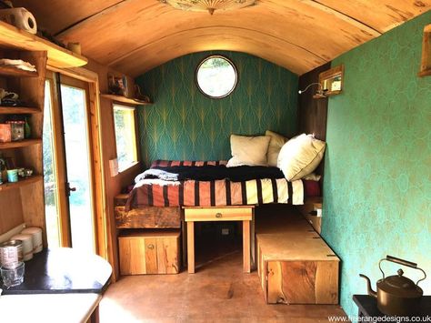 Stylish interior, filled with natural daylight. Roll-out dining room table and benches. Shepherds Hut, Tiny House Movement, Tiny House Cabin, Elegant Interiors, New Property, Recycled Furniture, Double Beds, Soft Furnishings, Small House