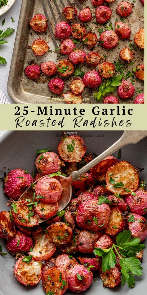 These Easy Roasted Radishes are a delicious way to enjoy this lovely root vegetable. Roasting cuts the spice of radishes and gives them a lovely flavor and texture. The perfect healthy side to any dinner. #veggieloaded Butter Garlic Sauce, Asiago Chicken, Low Carb Side Dish, Paleo Sides, Roasted Radishes, Low Carb Side, Radish Recipes, Keto Sides, Low Carb Side Dishes