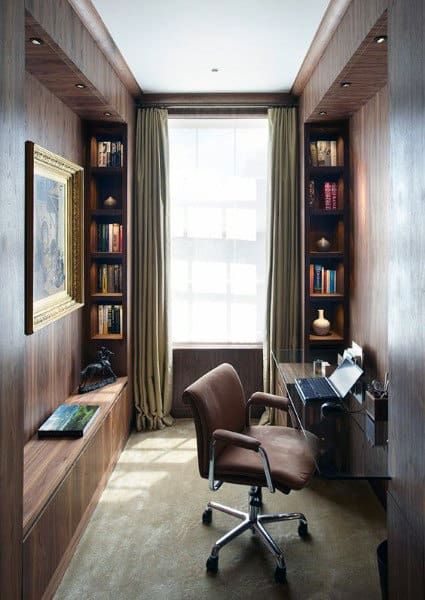 Small Home Office Ideas For Men, Home Office Bookshelf, Small Office Room, Masculine Interior Design, Office Room Design, Masculine Interior, Small Office Design, Small Space Office, Small Home Offices