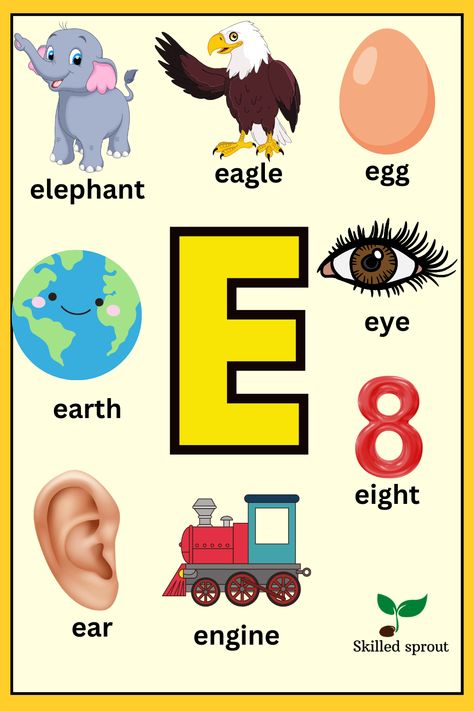 Letter E Flashcards, E Sound Words, E Words For Kids, Letter E Activities For Preschool, Kindergarten Numeracy, Phonics Reading Activities, Letter E Activities, Kids Learning Alphabet, Learn Abc