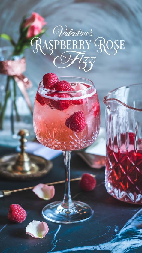 Overhead view of pink raspberry rose fizz in a classy glass, garnished with raspberries and rose petals on a dark marble surface, with a crystal pitcher and blurry Valentine's decorations in the background. Valentine Mocktail, Valentine Bark Recipe, Sparkling Mocktails, Rose Drinks, Oyster Crackers Recipe, Cherry Bounce, Ranch Oyster Crackers, Romantic Treats, Raspberry Drink