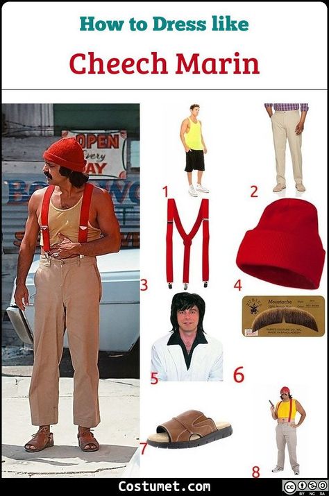 Cheech costume is a yellow sando top, red suspenders and matching beanie, khaki pants, and open-toed leather footwear. Chong costume is a long sleeved denim top and distressed jeans with brown shoes, eyeglasses and a red bandana.           #Male #male #funny #tv #couple #duo #teen #80s #personality #hippie #CheechandChong Chic And Chong, Cheech And Chong Costumes Couples, Cheech And Chong Costumes, Male Halloween Costumes, Beard Halloween Costumes, Male Costumes, Beard Costume, Halloween Costumes Diy Couples, Funny Couple Halloween Costumes