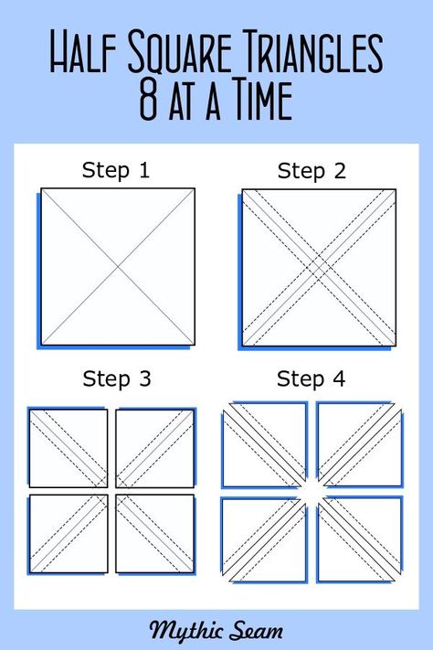 8 At A Time Hst, Making 8 Half Square Triangles At A Time, Half Square Triangle Size Chart, Hst 8 At A Time Chart, Half Square Triangle Pinwheel Quilts, Mini Half Square Triangle Quilts, Half Triangle Quilt Blocks, Sewing Half Square Triangles, Layer Cake Half Square Triangle Quilts