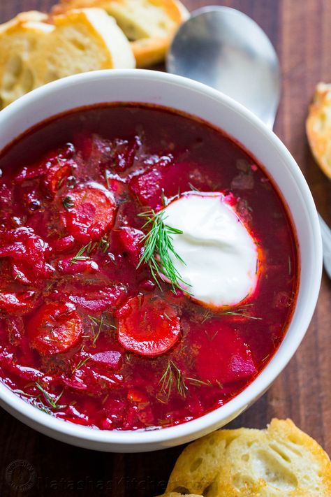 This is a classic Ukrainian Borscht Recipe, just like Mom used to make. I love the deep ruby color of this borsch; so healthy and nutritious. | natashaskitchen.com Mennonite Borscht Soup, Canning Borscht Soup, Borsh Soup Recipes, Classic Borscht Recipe, Borscht Soup Recipe, Easy Polish Recipes, Potato Pancakes Easy, Ukrainian Borscht, Borscht Recipe