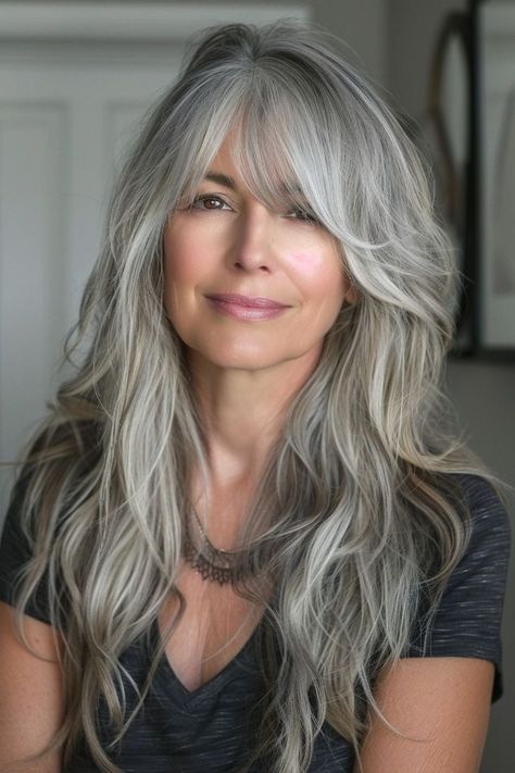 Long Grey Hair With Fringe, Long Layered Curly Grey Hair, Long Wavy Gray Hair Over 50, Long Grey Hair With Bangs, Long Gray Hair Over 50, Grey Hair Braids, Long Grey Hair, Jlo Hair, Long Hair Older Women