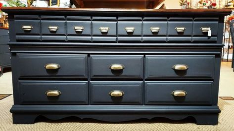 Sarah Squared on Instagram: "🖤 New at the shop! This 8 drawer Bassett dresser! Painted in the mattest black and the top stained and sealed for durability. All outdated hardware replaced with vintage inspired brass cup pulls and the two top drawers - designed to look like eight individual drawers - with library card catalog inspired pulls. 58" x 18" 31.5" Located on the East Isle Inside The Rustic Fox🦊 1790 Towne Center Dr. North Aurora, IL 60542 Open Everyday 10 to 6 Shipping and delivery Brass Cup Pulls, Rustic Fox, Library Card Catalog, Dresser Painted, Gothic Furniture, Card Catalog, Bassett Furniture, Cup Pulls, Drawer Design