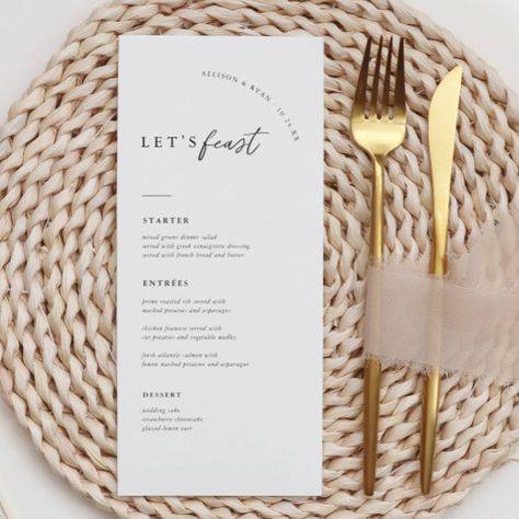 Let's Feast Minimalist Modern Wedding Menu Menu Cards With Names, Menu Wedding Table, Engagement Party Menu, Drink Wedding, Rustic Wedding Menu, Rehearsal Dinner Menu, Minimalist Modern Wedding, Wedding Table Menus, Simple Calligraphy