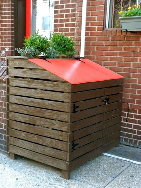 outdoor ideas | trash can covers | trash can storage ideas | how to keep squirrels out of garbage | decorating tips Can Storage Ideas, Outdoor Garbage Storage, Trash Can Storage Outdoor, Garbage Can Storage, Garbage Shed, Trash Can Storage, Trash Can Covers, Trash Storage, Garbage Storage