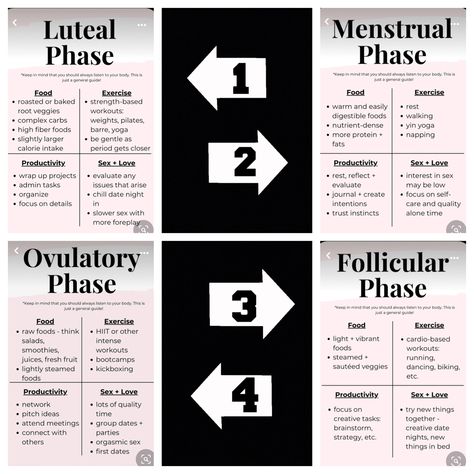 This image expains all 4 cycle phases and how to help navigate them. Cycle Phases, Complex Carbs, Study Book, Healthy Hormones, Root Veggies, Biology Lessons, High Fiber Foods, Yin Yoga, Calorie Intake