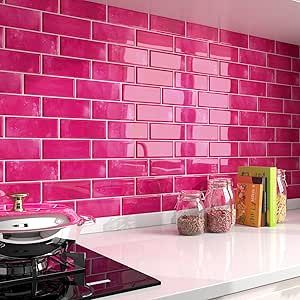 Decotalk Backsplash Tile Peel and Stick 15-Pack Hot Pink Kitchen Backsplash Tiles Peel & Stick 12x12 Inch Subway Tile Backsplash for Kitchen Wall Hot Pink Subway Backsplash for Bathroom Waterproof Peel And Stick Tile Backsplash Pink, Pink Backsplash Kitchen, Pink Kitchen Backsplash, Pink Tile Backsplash, Redo Camper, Backsplash For Bathroom, Hot Pink Bathroom, Hot Pink Kitchen, Pink Bathroom Tiles