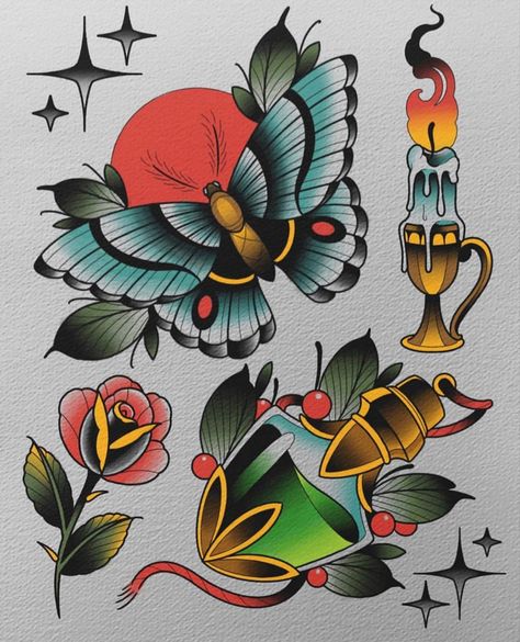 Neo Traditional Flash Art, Neo Old School Tattoo, Neo Trad Tattoo Flash, Neo Traditional Flash Sheet, Oldschool Tattoo Traditional Colour, New School Traditional Tattoo, Neo Trad Flash, Neo Traditional Butterfly, Traditional Tattoo Band