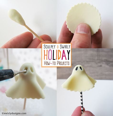 DIY Swirly Ghost www.swirlydesigns.com http://swirlydesignsblog.blogspot.com/2014/10/holiday-how-to-halloween-happy-haunting.html Fondant Decorations For Beginners, How To Make A Ghost Out Of Clay, Air Dry Clay Ghosts Diy, Polymer Clay Ghost Tutorial, Polymer Halloween, Cute Ghost Clay Art, Fondant Ghost Cake Topper, Clay Ghosts, Halloween Pasta