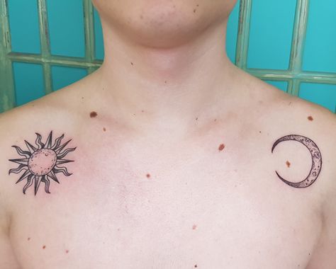 Sun And Moon Tattoo Matching Shoulder, Sun And Moon On Shoulder Tattoo, Moon And Sun Tattoo Shoulder, Collar Bone Tattoo Sun And Moon, Sun And Moon Tatoos No Face, Shoulder Tattoo Sun And Moon, Sun Moon Collar Bone Tattoo, Sun And Moon Collarbone Tattoo, Greek Moon Tattoo