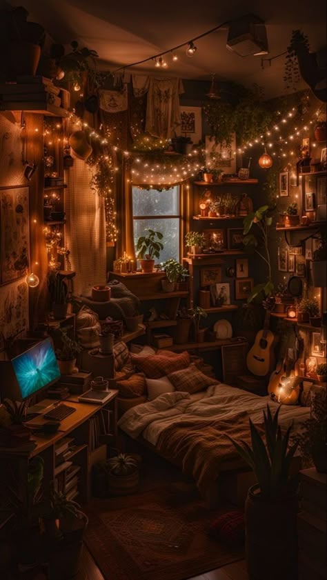 Academia Bedroom, Academia Room, Fantasy Bedroom, Fairy Lights Bedroom, Dream Bedroom Inspiration, Bedroom Decor Cozy, Cute Bedroom Decor, Cozy Room Decor, Dreamy Room