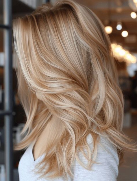 Buttercream Hair Color, Creamy Blonde With Lowlights, Warm Blonde Highlights Short Hair, Medium Strawberry Blonde, Fall Hair Colors Blonde, Blonde With Strawberry Blonde Lowlights, Blonde Hair With Copper Lowlights, Warm Blonde Hair, Fall Blonde Hair