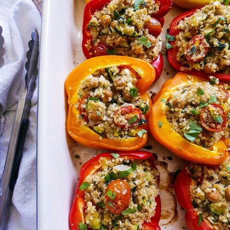 Mediterranean Stuffed Peppers Recipe Stuffed Peppers Vegetarian, Mediterranean Stuffed Peppers, Vegetarian Stuffed Peppers, Mediterranean Quinoa, Tomato Vegetable, Canned Chickpeas, How To Cook Quinoa, Bell Peppers, Mediterranean Diet