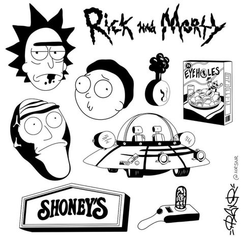 Rick and Morty Rick E Morty, Rick And Morty Tattoo, Rick And Morty Drawing, Rick And Morty Stickers, Flash Sheets, Black Cat Tattoos, Trippy Drawings, Graffiti Doodles, Flash Tattoo Designs