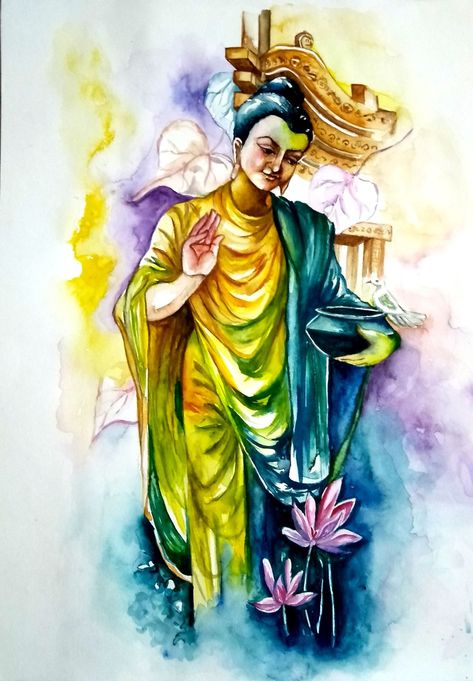 Water colour painting Water Colour Buddha Painting, Boodha Tattoo, Water Colour Painting Watercolour, Duck Watercolor, 3d Rangoli, Indian Drawing, Phad Painting, Potrait Painting, Watercolor Scenery