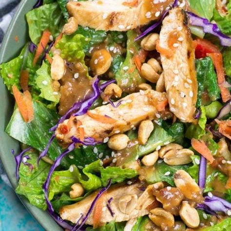 Spicy Thai Salad with Chicken (Panera Copycat) - It Starts With Good Food Panera Thai Chicken Salad, Thai Peanut Dressing, Panera Salad, Thai Grilled Chicken, Panera Copycat, Chicken Thai, Roasted Edamame, Thai Chicken Salad, Copycat Panera