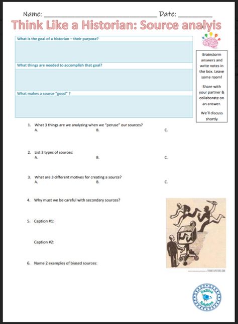 Think Like a Historian - Source Analysis Graphic Organizer for lesson - Amped Up Learning Think Like A Historian, Citizenship Activities, Primary Sources Activities, Class Presentation, Powerpoint Lesson, History Teacher, Secondary Source, Digital Citizenship, Middle School Classroom