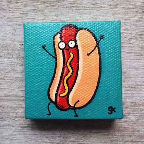 Cute Cartoon Food, Food Paintings, Mini Toile, Cartoon Food, Funny Paintings, Small Canvas Paintings, Simple Canvas Paintings, Cute Canvas Paintings, Easy Canvas Art