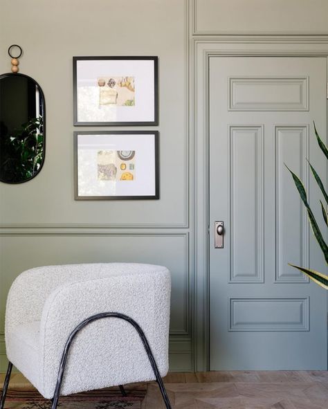 Sherwin Williams Evergreen Fog and Plants - Interiors By Color Evergreen Fog Mudroom, Evergreen Fog Walls, Sherwin Williams Evergreen Fog, Evergreen Fog, Office Vibes, Relaxing Bathroom, Picture Molding, Trending Paint Colors, Sherwin Williams Paint Colors