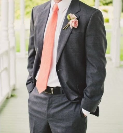 Coral groomsmen attire Coral Groomsmen Attire, Groomsmen Grey, Coral Tie, Coral Wedding, Wedding Groomsmen, Groomsmen Suits, Peach Wedding, Coral And Gold, Groomsmen Attire