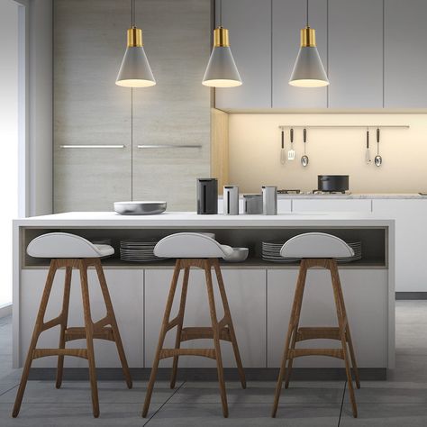 JONATHAN  Y 3-Light Gray/Brass Gold Modern/Contemporary Linear LED Large Hanging Pendant Light Lowes.com Austin Design, Elements Of Style, Painted Ceiling, Kitchen Island Lighting, Hanging Pendant Lights, Brass Gold, Hanging Pendants, Flutes, Formal Dining Room