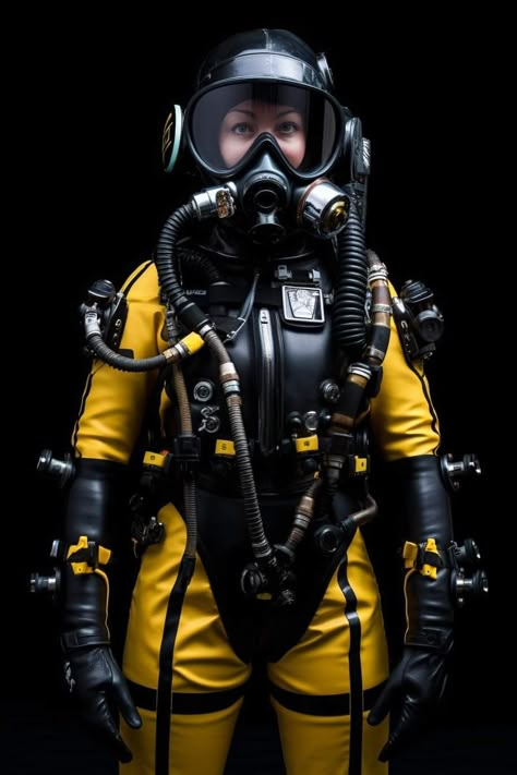 Futuristic Scuba Suit, Scuba Suit, Heavy Gear, Punk Genres, Scuba Diver Girls, Scuba Tank, Women's Diving, Hazmat Suit, Diving Helmet