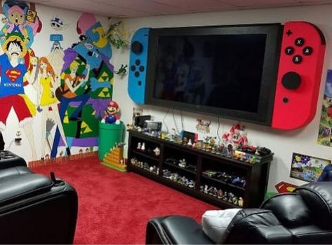 Nintendo Switch Game Room Nintendo Room, Video Game Bedroom, Video Game Room Decor, Boys Game Room, Gaming Bedroom, Game Room Kids, Video Game Room Design, Boy Bedroom Design, Video Game Rooms