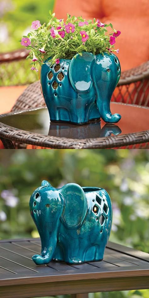 Elephant Stuff, Elephant Plant, Elephant Planters, Blue Lantern, Animal Planters, Ceramic Elephant, Sculptures Céramiques, Elephant Decor, Elephant Lover