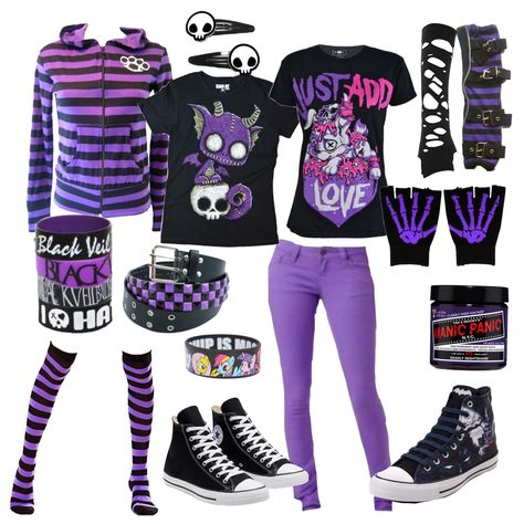 2000s Myspace Gifs, Hyperpop Clothes, Purple Emo Outfits, Purple Scene Outfits, Black And Purple Outfit Ideas, Scene Clothes 2000s, Casual Scene Outfits, Scene Style Outfits, Scene Kid Clothes