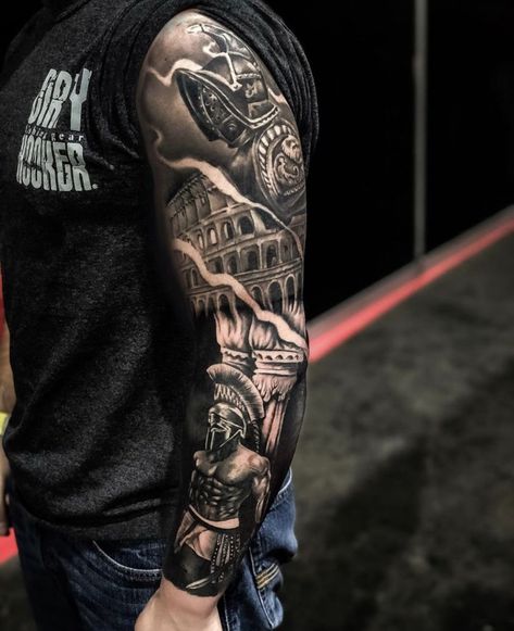 Roman Arm Tattoo Men, Gladiator Tattoo Sleeve For Men, Roman Arm Tattoo, Roman History Tattoo, Roman Leg Tattoo, Tattoo Sleave Ideas Men, Roman Tatoos Men, German Inspired Tattoos, Gladiator Sleeve Tattoo