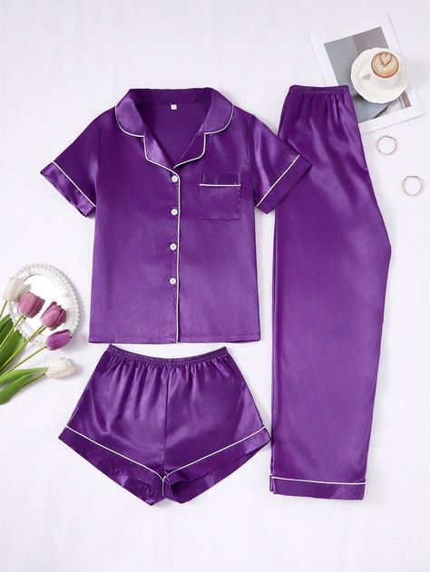 3pcs Women's Contrast Trim Solid Color Satin Lapel Pajamas SetI discovered amazing products on SHEIN.com, come check them out! Womens Corset Tops, Sleepwear Women Pajamas, Pyjama Satin, Shapewear Tops, Satin Pyjama Set, Collars For Women, Women's Shapewear, Pajamas Set, Pajama Set Women